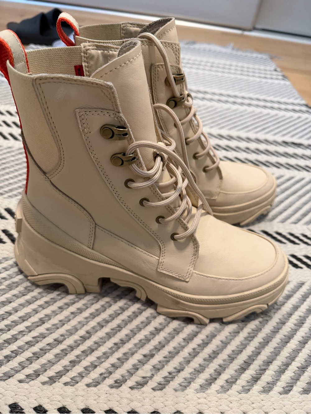 Sorel Cream Lace-Up Moto Combat Boots with Red Pull Tab